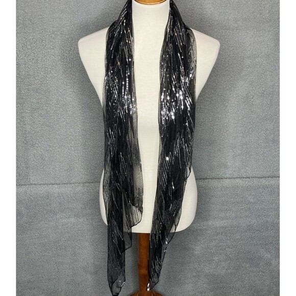 Vintage Black/Silver Sequin Shawl Scarf Wrap Fairy WhimsyGoth Sparklecore - Picture 4 of 5